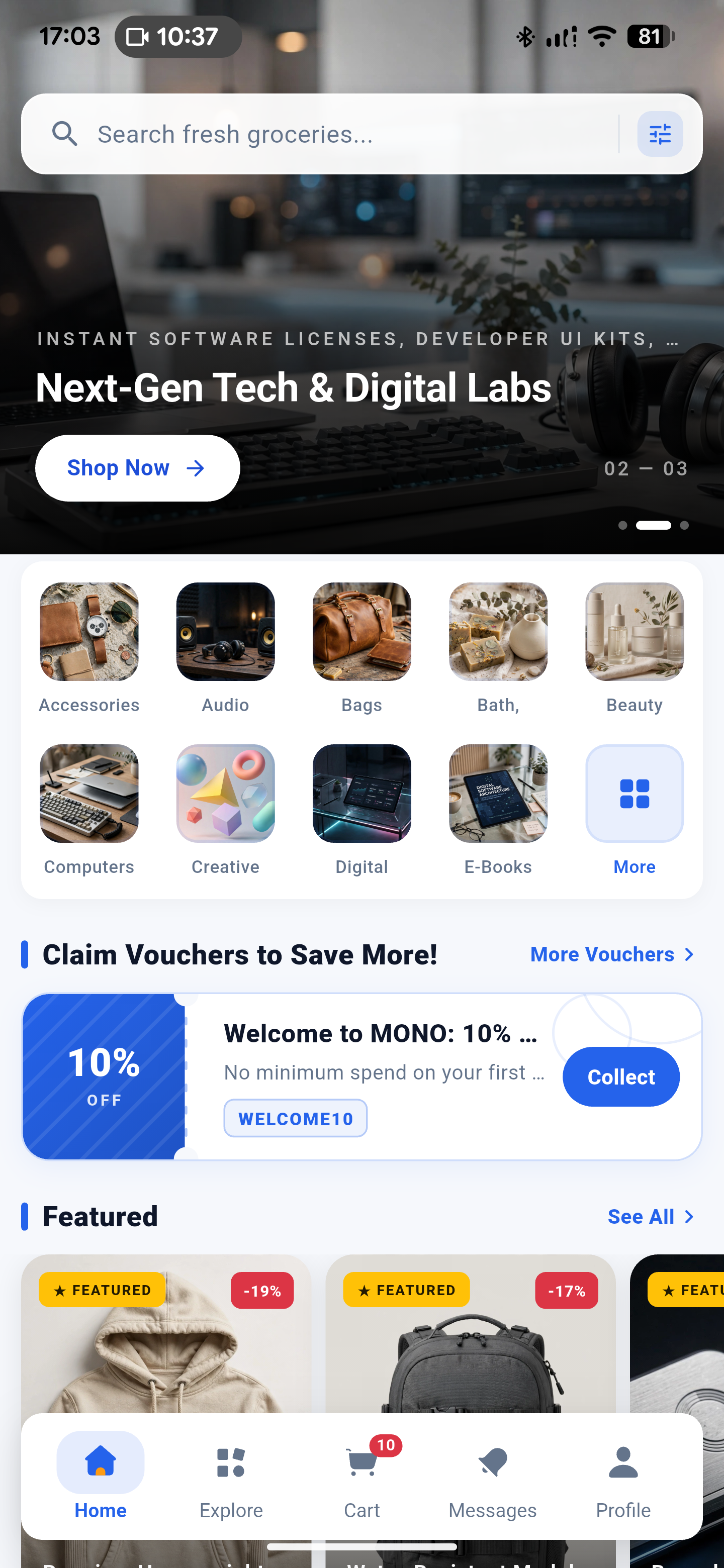 Mono customer Home marketplace screen with search, categories, vouchers and featured products.