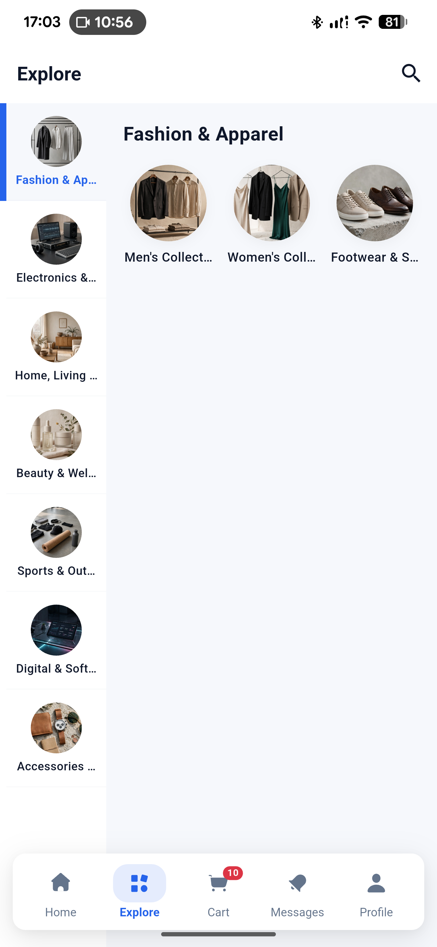 Mono customer Explore screen with category browsing.