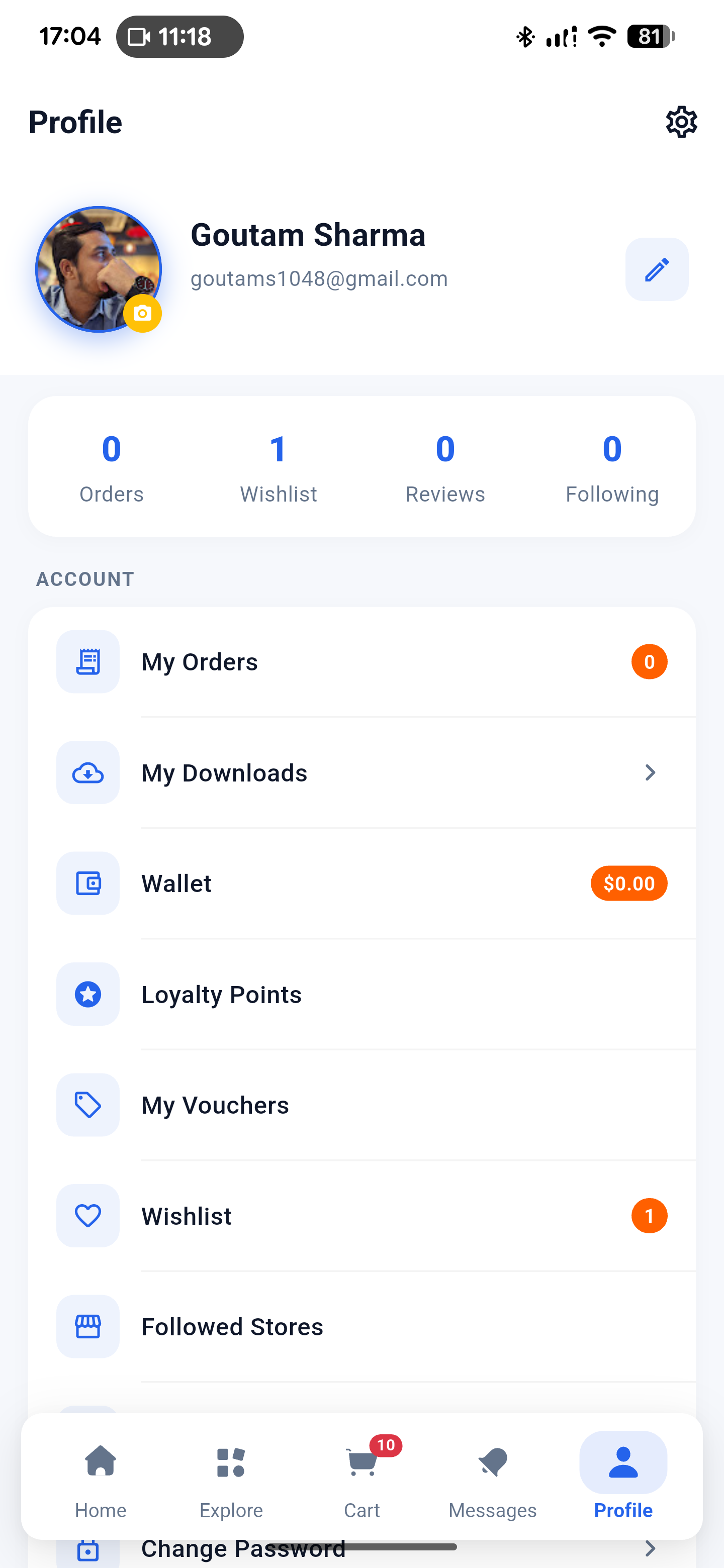 Mono customer profile menu with orders, downloads, wallet, loyalty, vouchers and wishlist.
