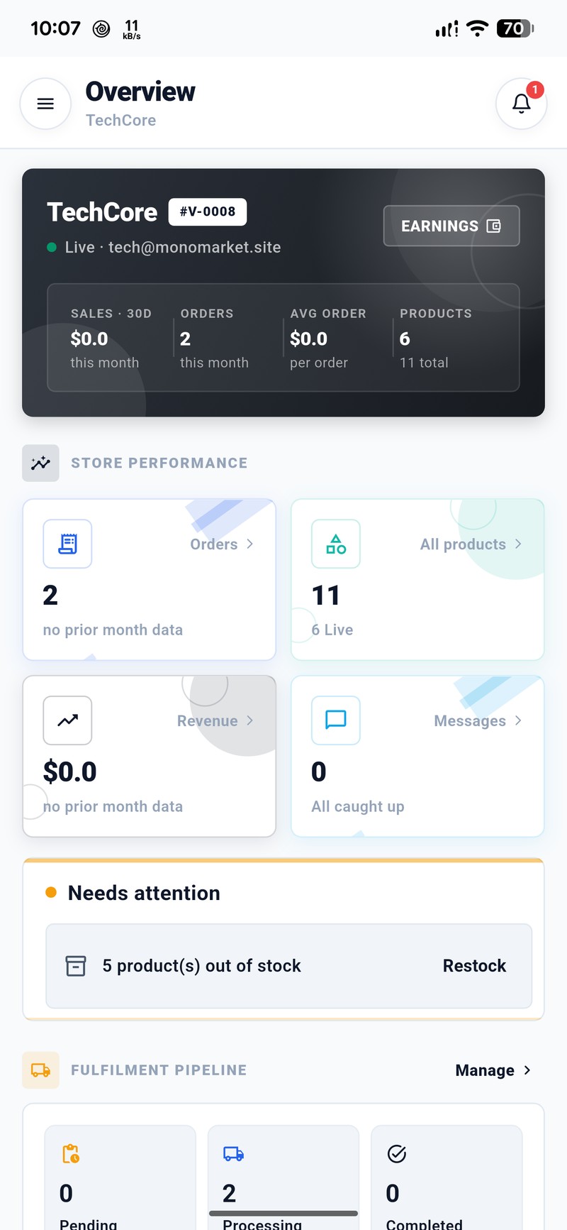 Vendor App Mobile Dashboard