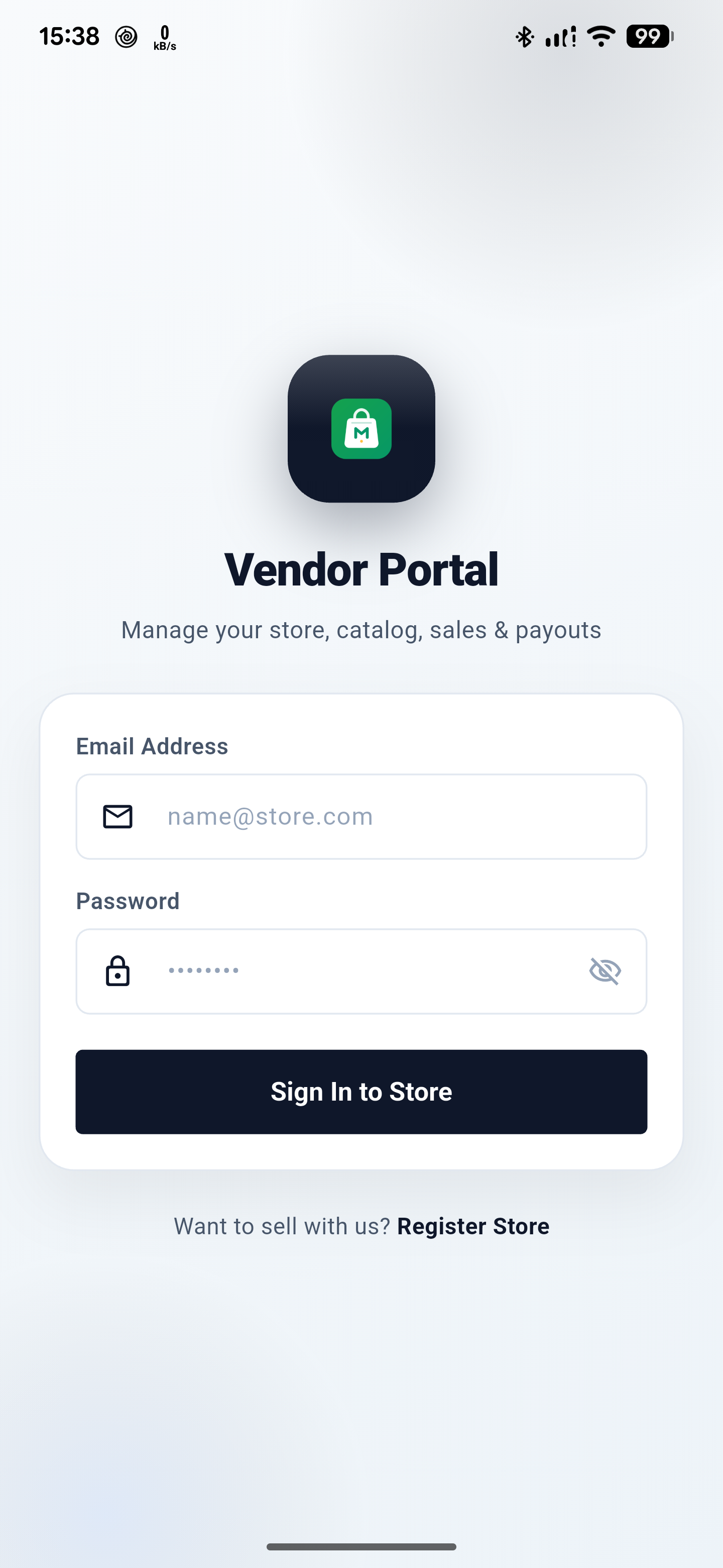 Mono Vendor login screen with the app icon, Vendor Portal heading, email and password fields, sign-in button, and register link.