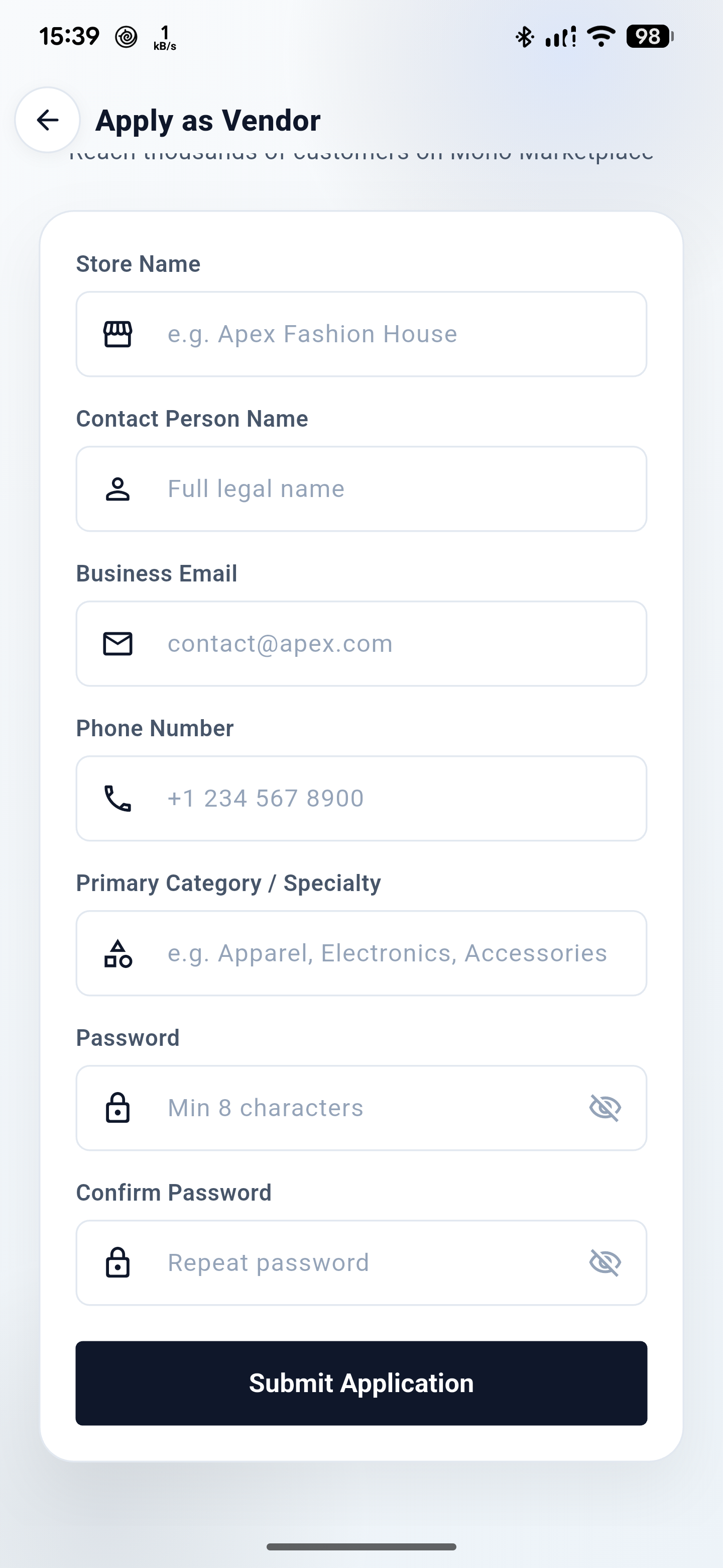 Lower portion of the vendor registration form showing password confirmation and the Submit Application button.