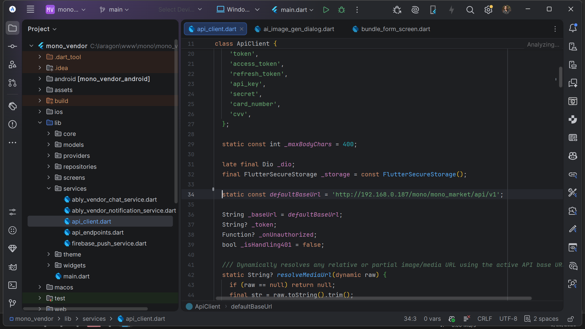 Full-screen Android Studio capture of the Mono Vendor project showing the layered lib tree and the active API base URL in api_client.dart.