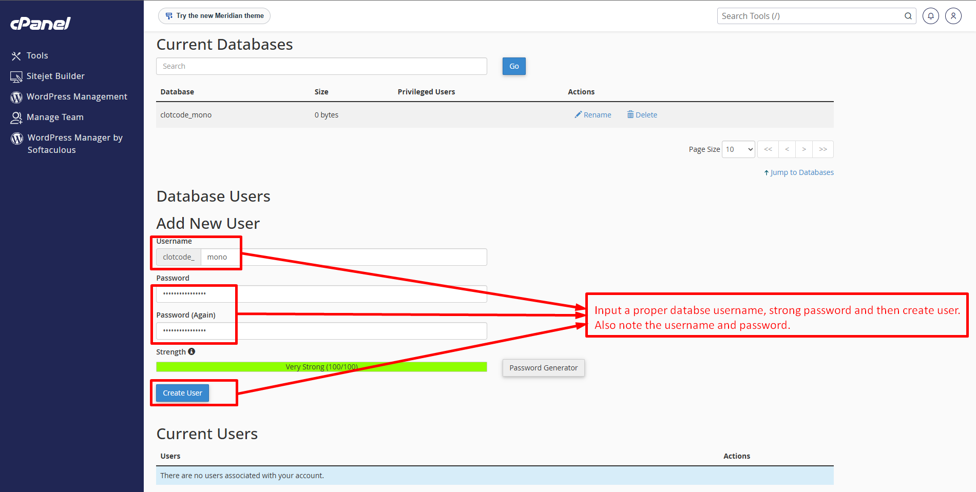 Add New User form with username and password fields filled in and the Create User button highlighted.