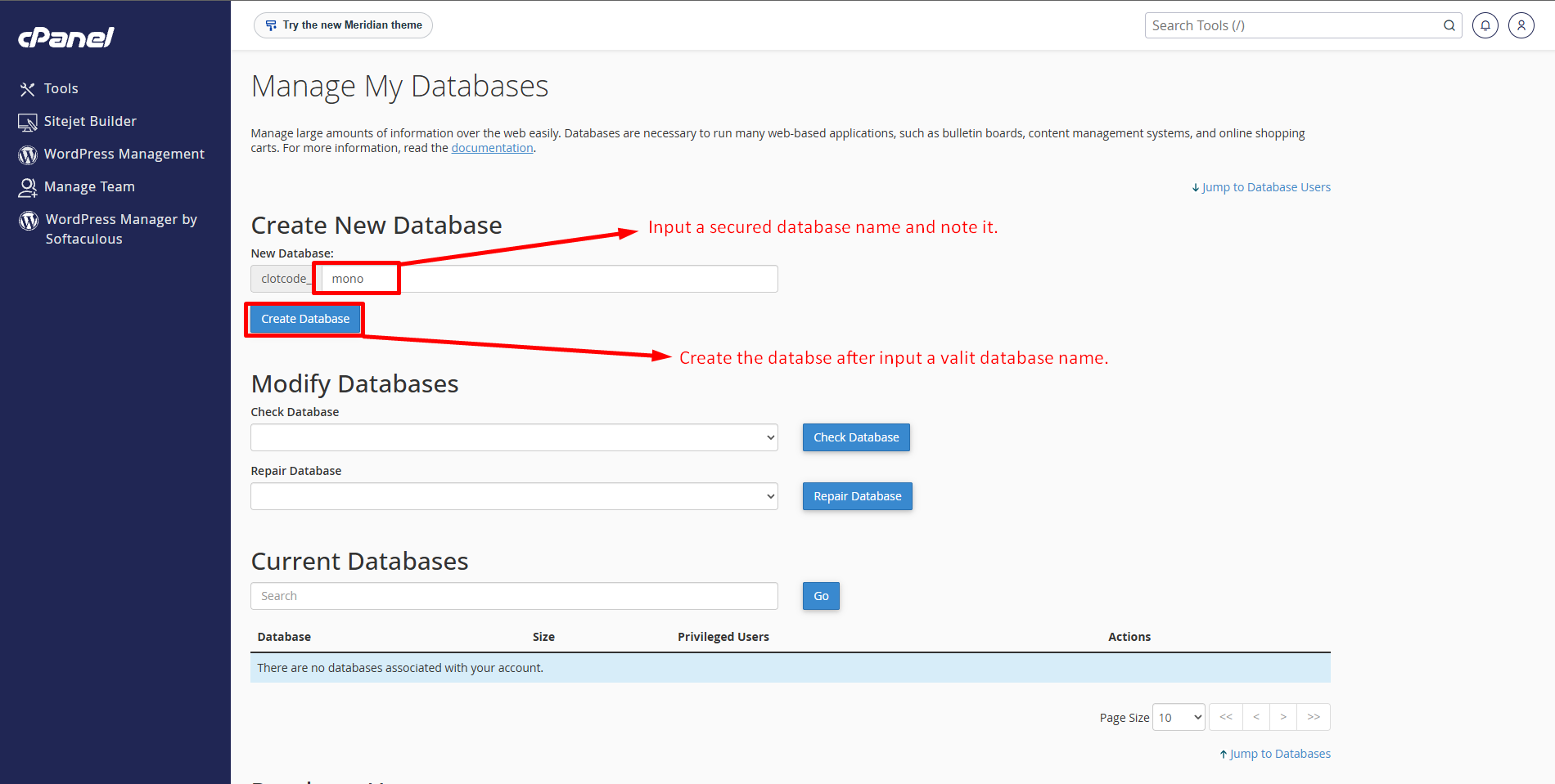 Create New Database form with a name entered after the account prefix and the Create Database button highlighted.