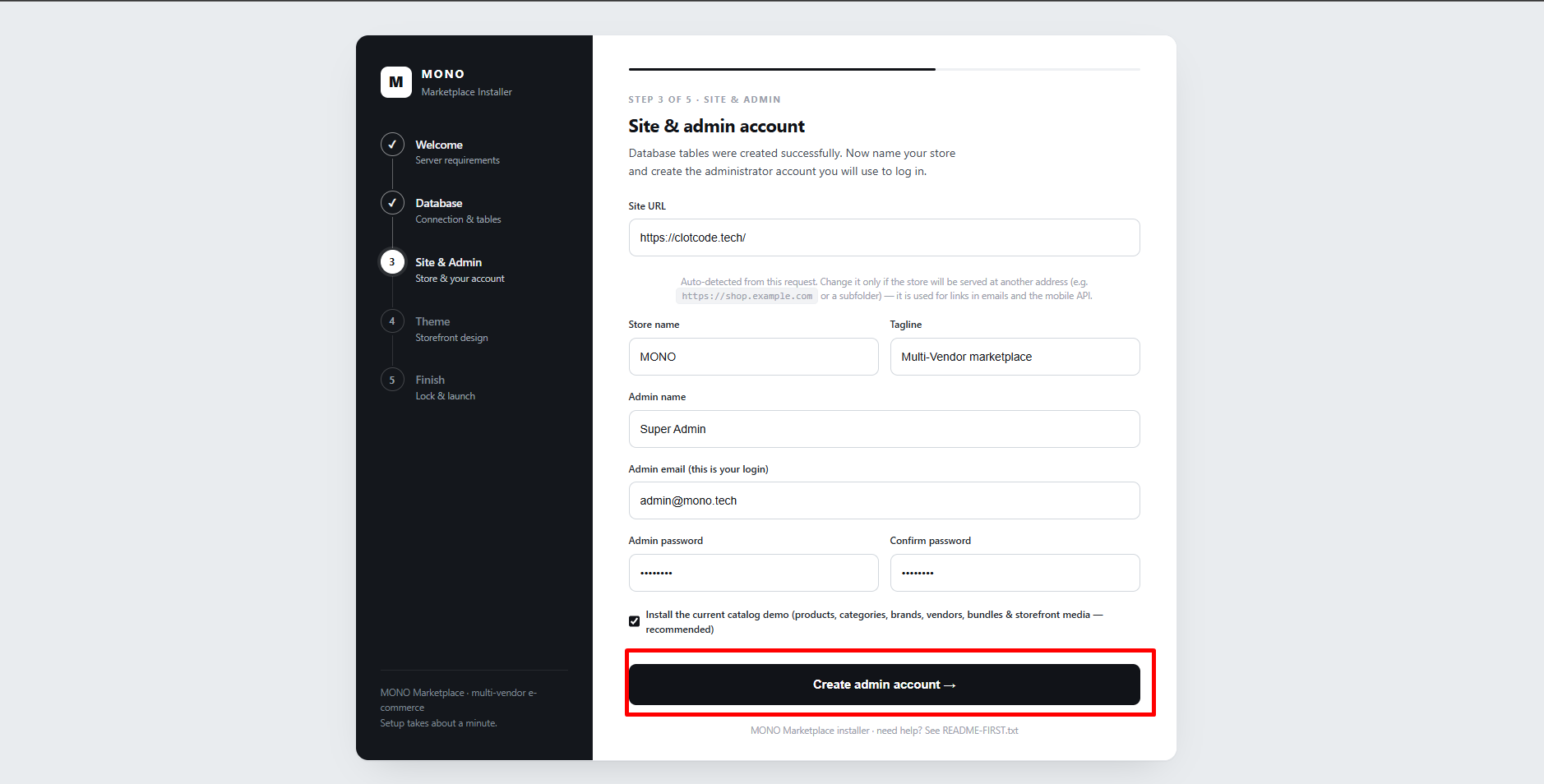 MONO installer step 3 of 5, Site and Admin, with site URL, store name, tagline, admin name, email, password fields, and the demo catalog checkbox.