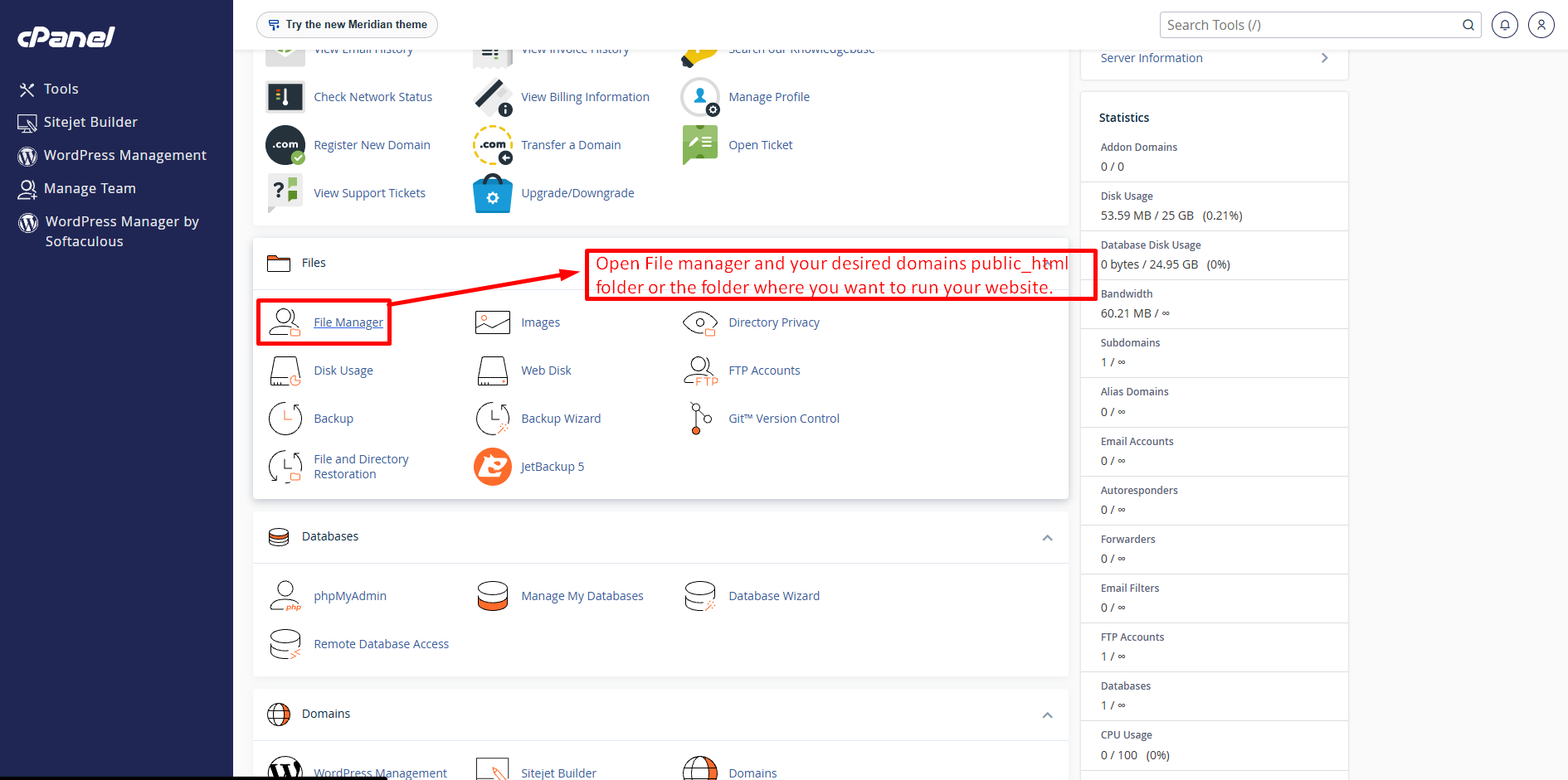 cPanel home with the Files section open and File Manager highlighted.