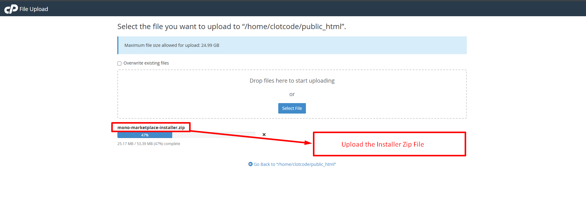 cPanel File Upload page showing mono-marketplace-installer.zip uploading into public_html.