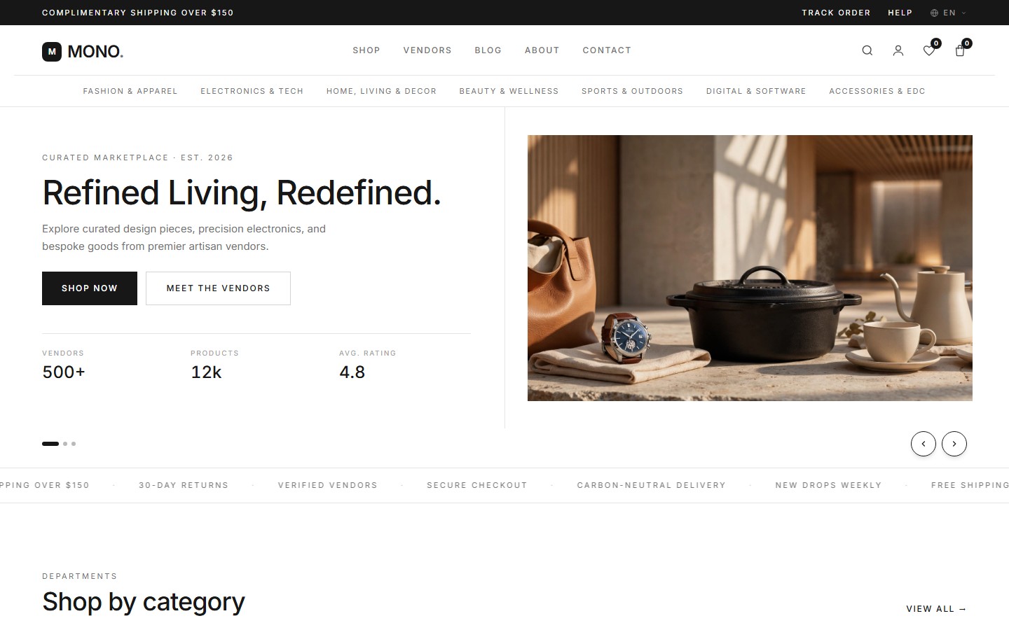 MONO Storefront home page with announcement bar, search, category strip, hero slider, and trust badges.