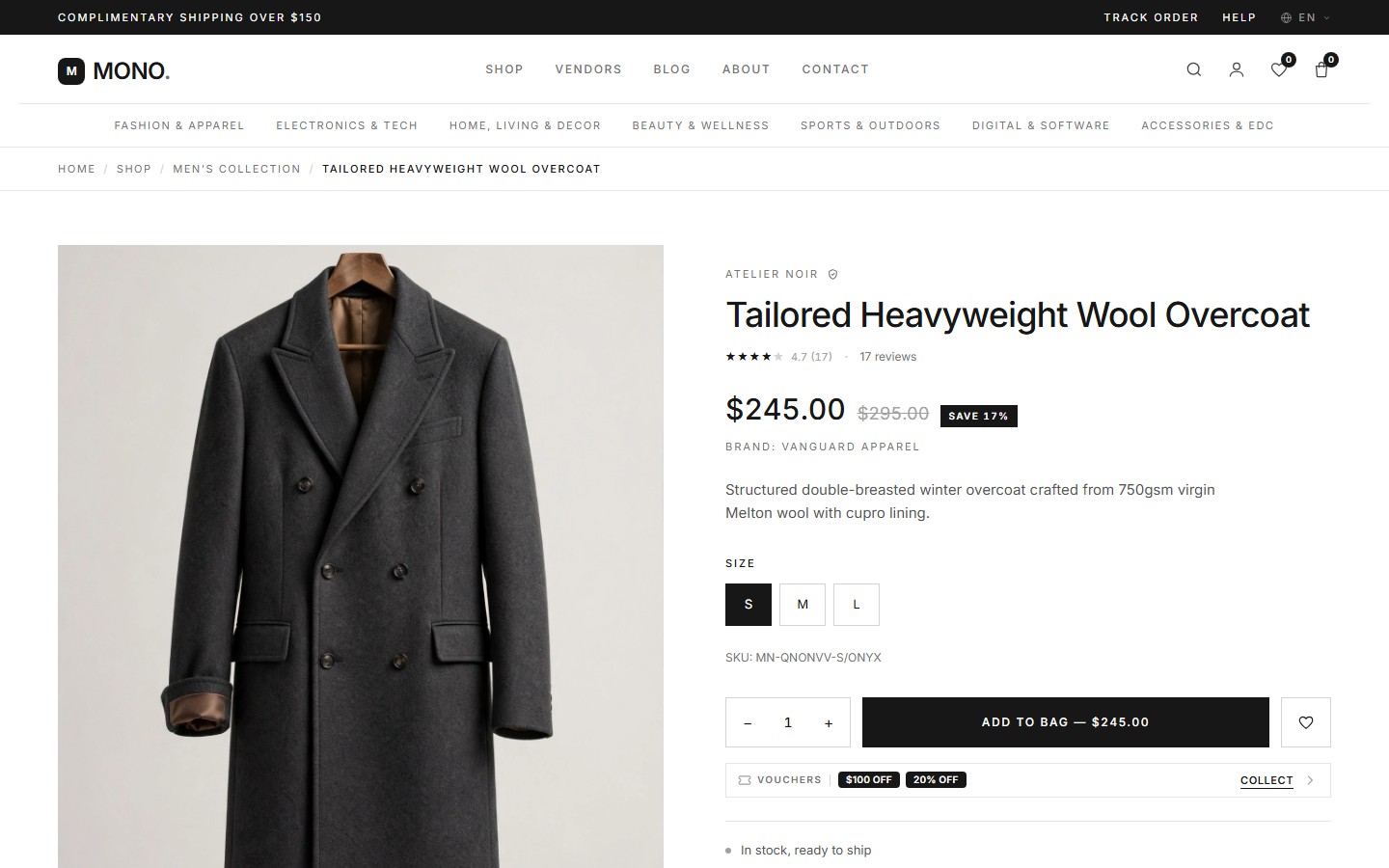 Storefront product detail page with a photo gallery, price, size picker, voucher drawer, and add to bag.