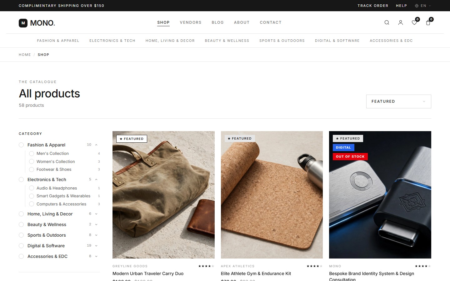 Storefront shop page with a category filter sidebar, sorting controls and a product grid.