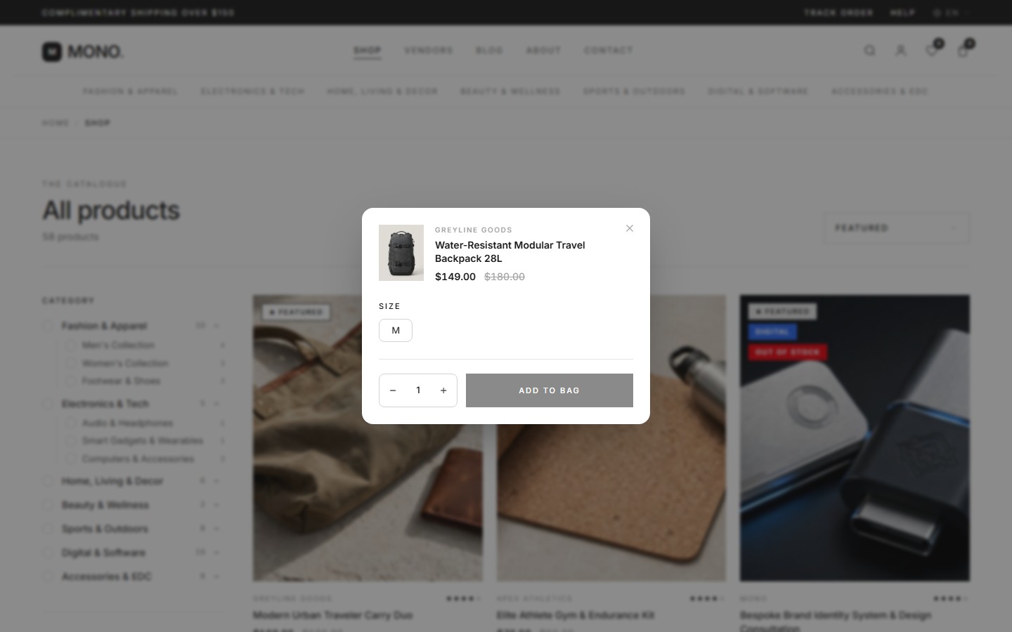 Variation modal with the M size chip selected and the Add to bag button enabled.