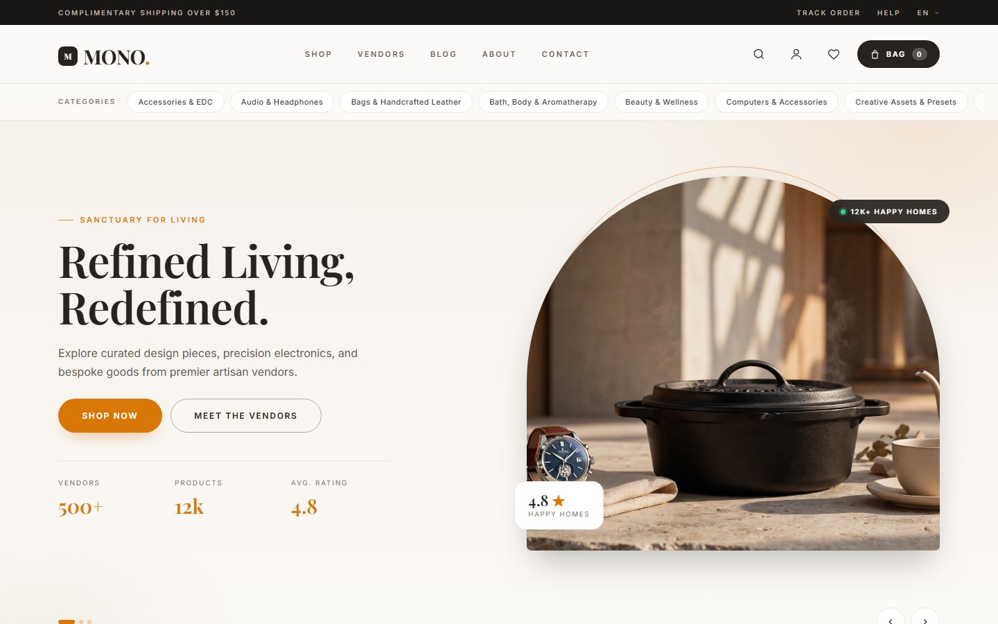 Home and Living theme home page with warm amber tones and furniture categories.