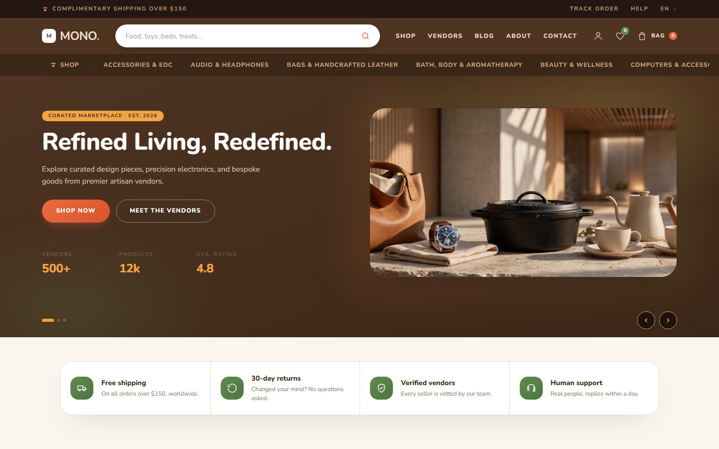 Pet Shop theme home page with an orange palette and pet supply categories.